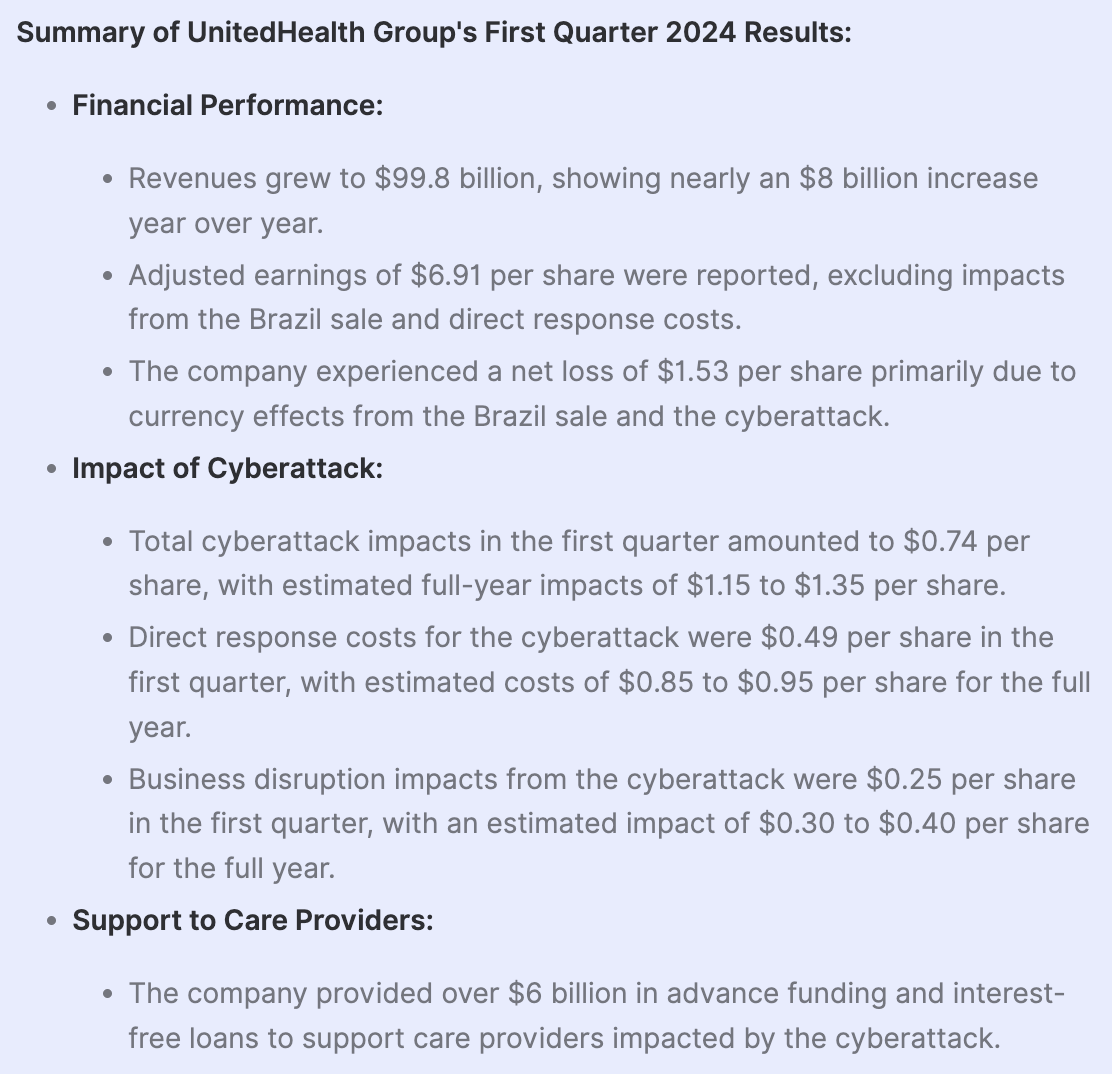 IntellectiaAI's tweet photo. $UNH United Healthcare Q1'24 #Earnings Highlight
https://t.co/bpdMJLrHD7 https://t.co/y5Hi3NRBOy