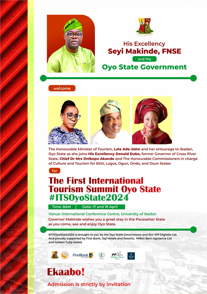 Looking forward to the International Tourism Summit Oyo State 2024 #ITSOyoState2024 at the International Conference Centre, University of Ibadan tomorrow. A warm welcome to delegates and dignitaries already in Ibadan for the summit.