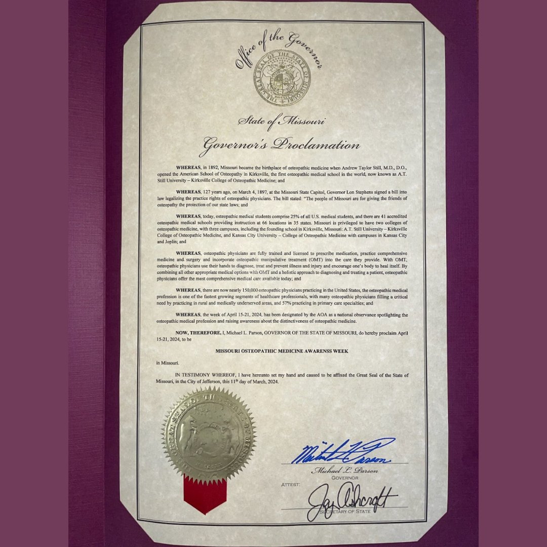 We are grateful for the Missouri Association of Osteopathic Physicians & Surgeons and the state's Governor’s Office, which proclaimed April 15-21 as Missouri Osteopathic Medicine Week to coincide with NOM Week. @MO_Osteopathic #NOMweek #DOProud