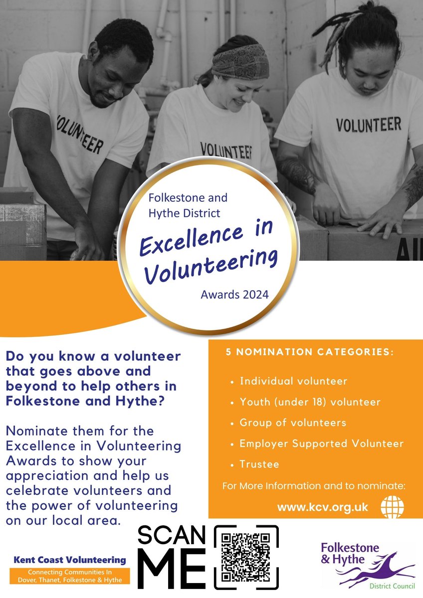 🏆 The final week to send in your nominations for Kent Coast Volunteering's 'Excellence in Volunteering Awards 2024' is 𝗡𝗢𝗪. 📌 Get your vote in by next Monday 22 April ➡️ kcv.org.uk/folkestone-and…