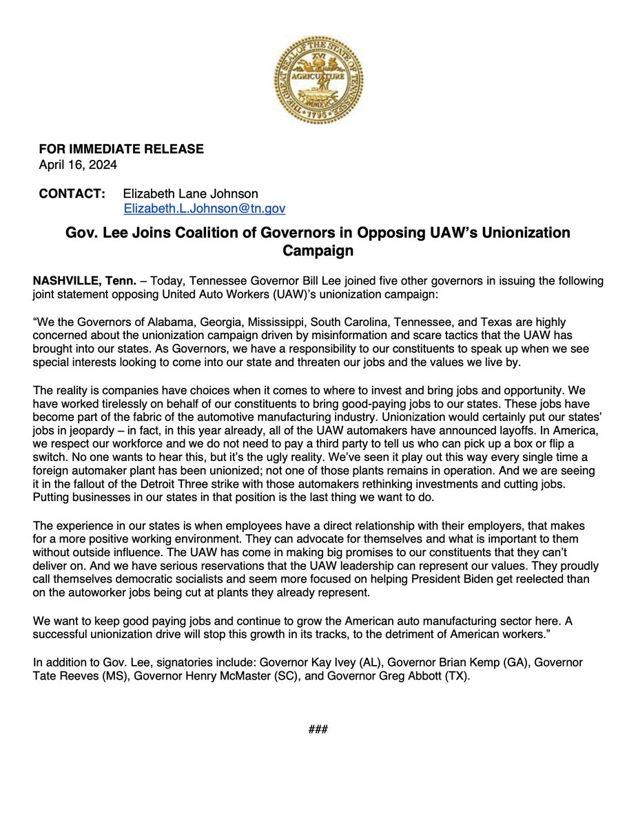 WorkersForOpp's tweet photo. "We want to keep good paying jobs and continue to grow the American auto manufacturing sector here. A successful unionization drive will stop this growth in its tracks, to the detriment of American workers."
@GovBillLee @GovernorKayIvey @GovKemp @henrymcmaster &amp; @GovAbbott https://t.co/whlq9tSQXe