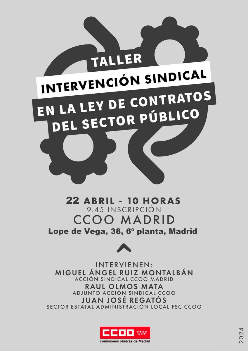 🔧Taller sobre Intervención sindical en la Ley de contratos del sector público en @CCOOMadrid 🗓️Aplazado del 17 al 22 de abril 📍Se traslada de la sala 13 rosas a la 6ª Planta ⏰10:00 horas 👇Info e inscripciones: madrid.ccoo.es/noticia:690071…