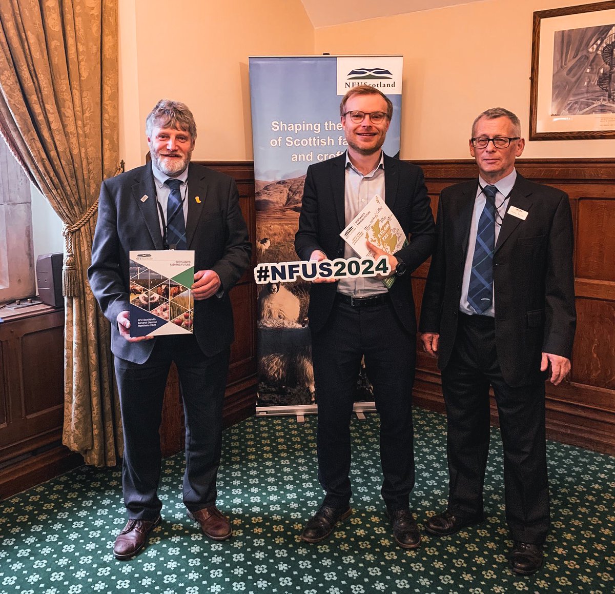 Great to catch up with Martin and Alasdair from @NFUStweets in Parliament earlier and hear about their manifesto and the return on investment. Farmers are vital to our economic growth and food security and contribute enormously to local communities. 🚜 #NFUS2024