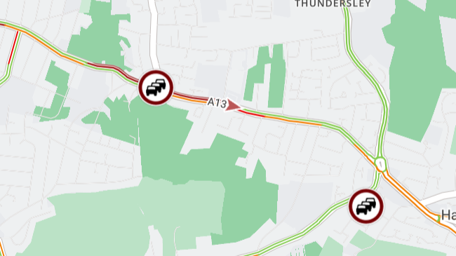 A13 Eastbound - slow moving traffic between Stanford Le Hope (A1014) and the Five Bells Interchnage (A176)