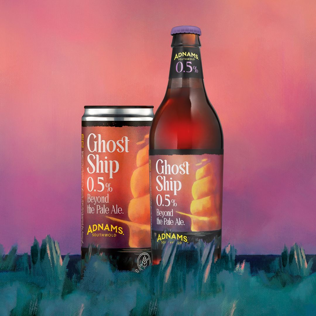 In our re-design, we emphasised the location in each beer's narrative. Departing from Ghost Ship 0.5%'s prior offshore branding, we've depicted it from Walberswick's coast, shrouded in fog and moonlit, embodying the legend as narrated in pubs. bit.ly/4cO5pnx.