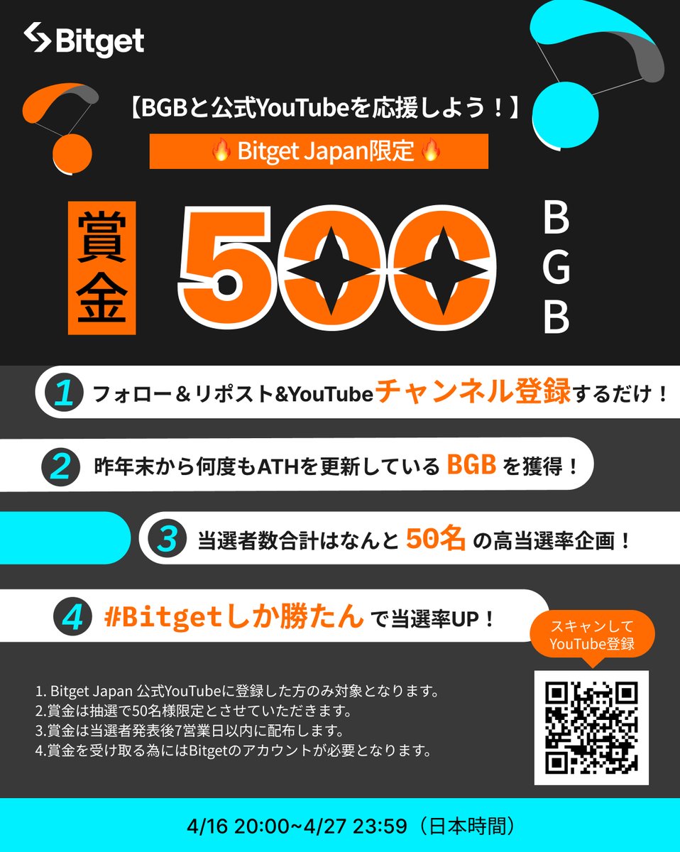 【❤️‍🔥#Bitget YouTube応援キャンペーン❤️‍🔥】 #Bitget Japan公式YouTubeチャンネルを応援し、昨年末から #ATH を更新し続けている #BGB をGETしましょう😍🔥 当選者数はなんと合計50名の高当選率😎🚀 🎁プレゼント企画応募方法 1️⃣@BitgetJPをフォロー 2️⃣この投稿を「いいね」&「リポスト」 3️⃣Bitget…