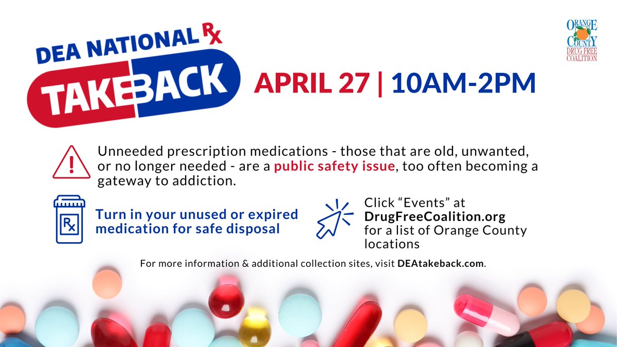 🚨 Mark your calendars! 📆 Join us in Orange County for the DEA Take Back Event on April 27th, from 10am to 2pm! Let's make our community safer together by safely disposing of unused medications. See you there! #DEATakeBack #OrangeCounty #CommunitySafety