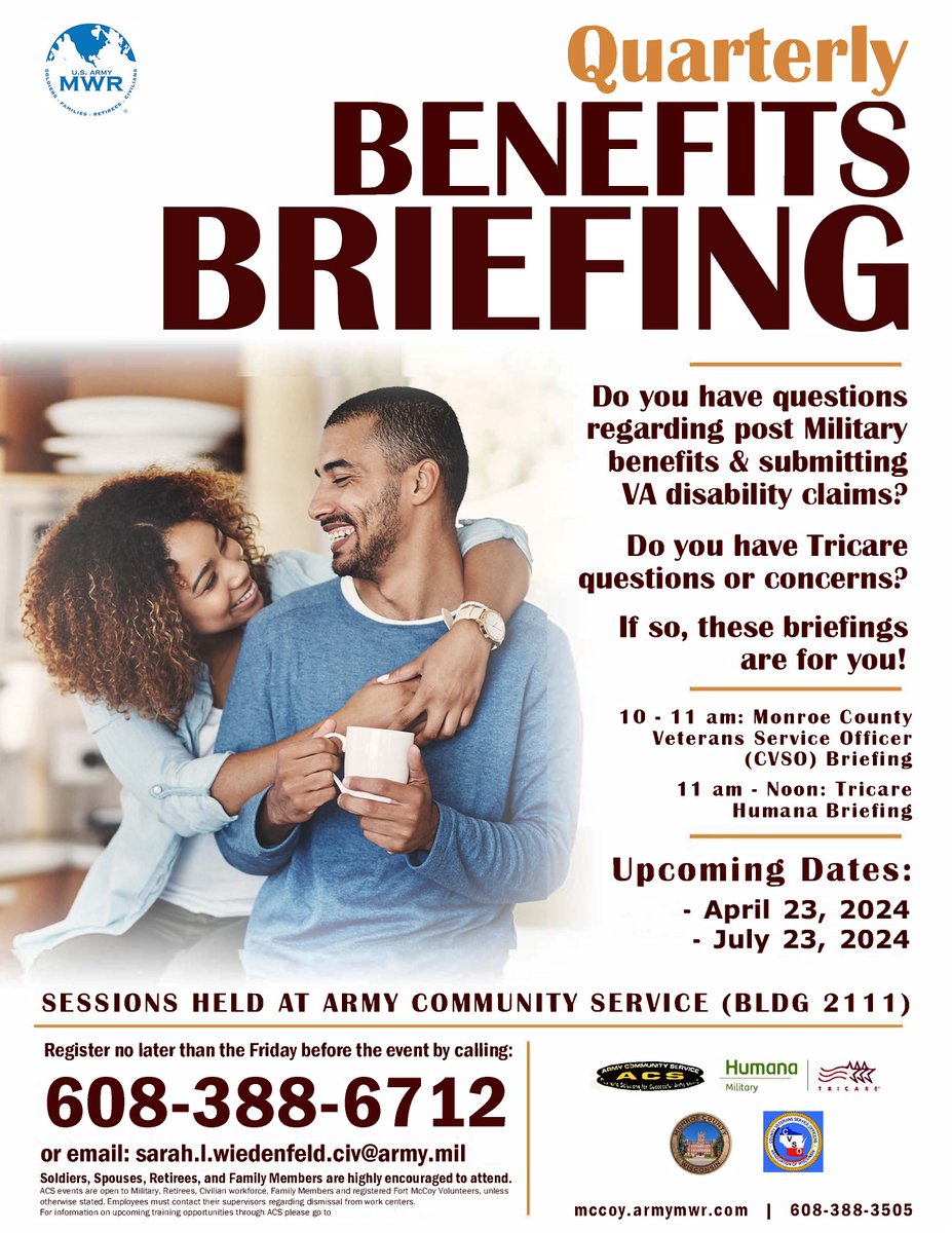 Army Community Service presents a Benefits Brief on Tuesday, April 23 from 10 am - 12 pm. Register to attend at 608-388-6712. @USAGMcCoy @88RDBlueDevils @86thD @181MFTB #FortMcCoyMWR #VAbenefits #Tricare #SoldiersFamiliesRetireesCivilians