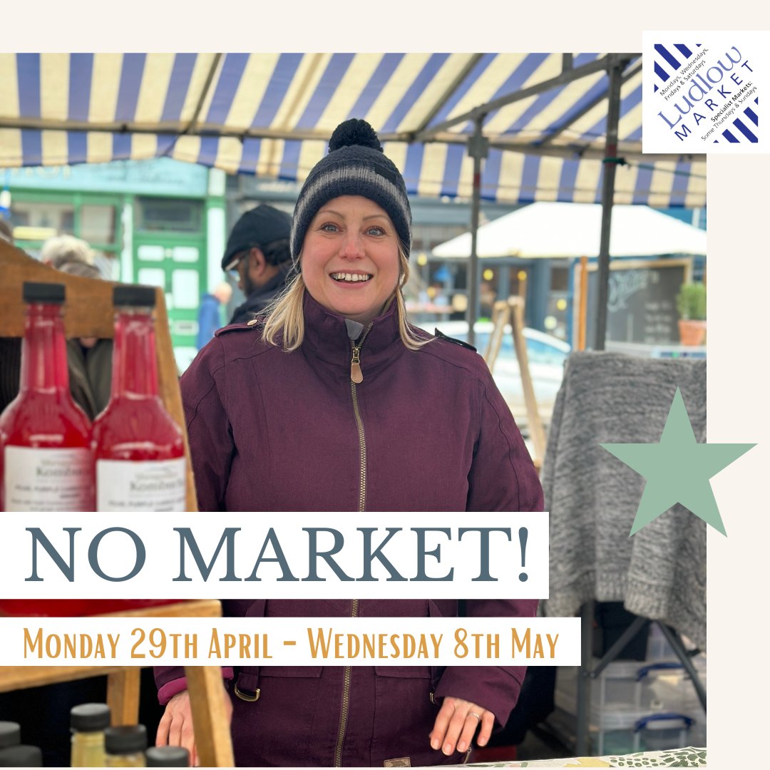 The May Fair is coming to town! 🎡

This means that there will be no market during this time! 

The first market back will be on Wednesday 8th May! We can't wait to see you then 🍎👚

#Loveludlow #visitludlow #ludlowmarket
