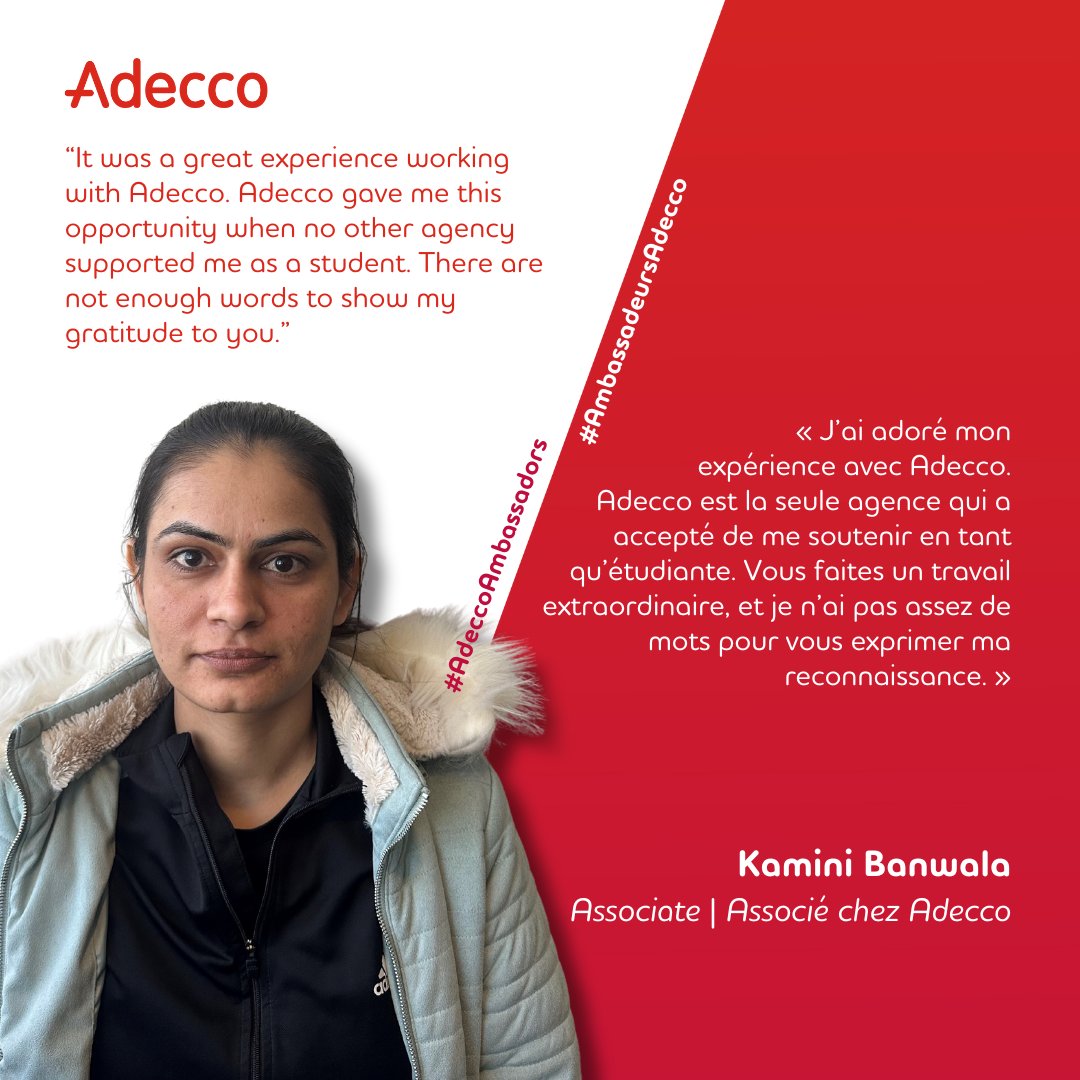 Join us in celebrating and thanking our incredible #AdeccoAmbassador, Kamini Banwala! Your journey with us has been inspiring, and we're honored to have played a part in your success. Best of luck Kamini in your future endeavors!