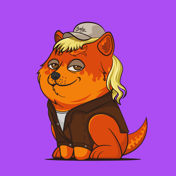 A baby doge NFT with fire fur and exotic headwear sits on a purple background wearing a cool jacket. Its happy mouth and sleepy eyes suggest it's content and relaxed. Perhaps it's dreaming of adventures in its stylish outfit.