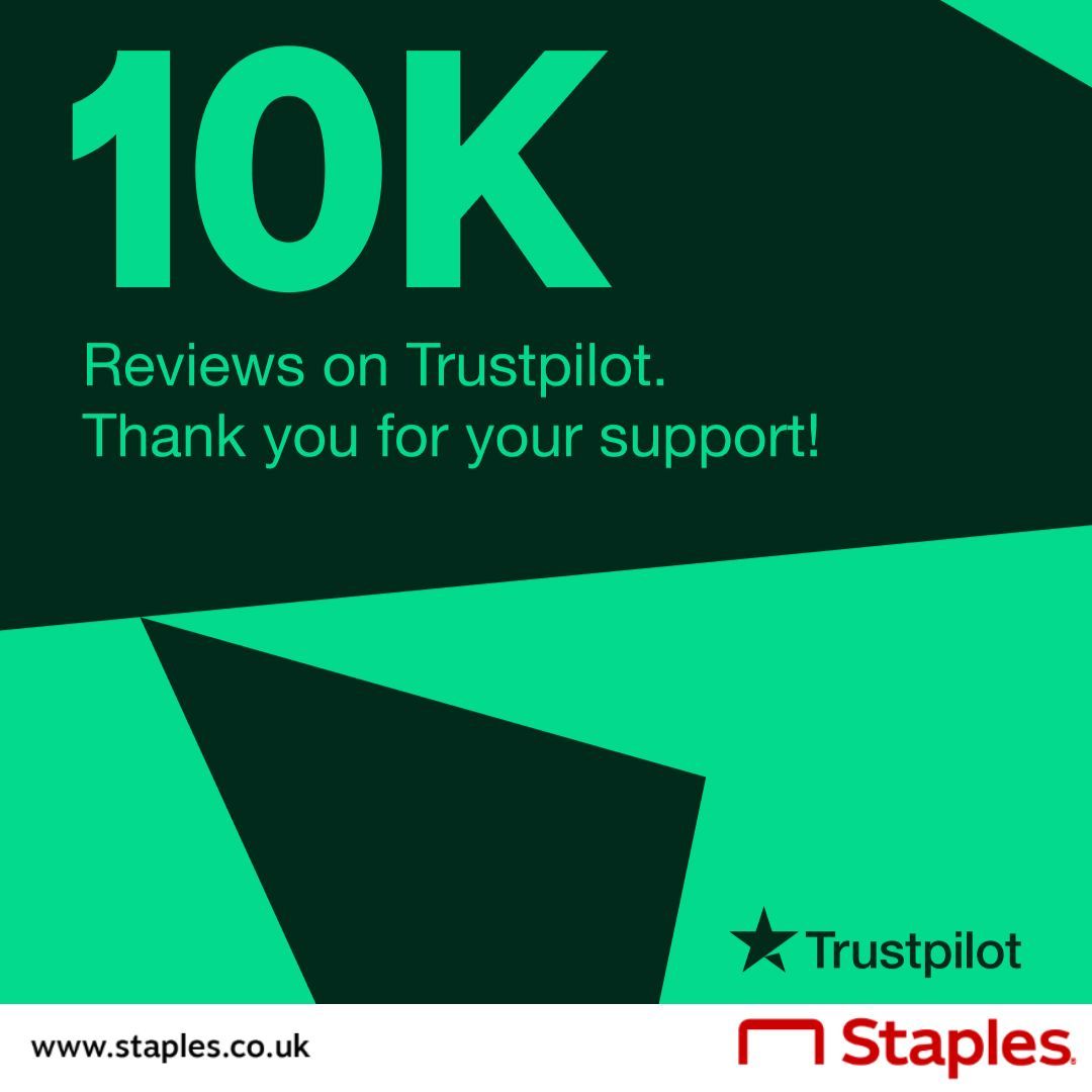 StaplesUK's tweet photo. We're overjoyed to announce that we've reached 10k reviews on Trustpilot! 🌟

Thank you to each &amp; every one of our customers for your trust and support!

Haven't experienced our exceptional service yet? Place your order at Staples UK today and discover what sets us apart! ❤️ https://t.co/IlAsbhHjD2