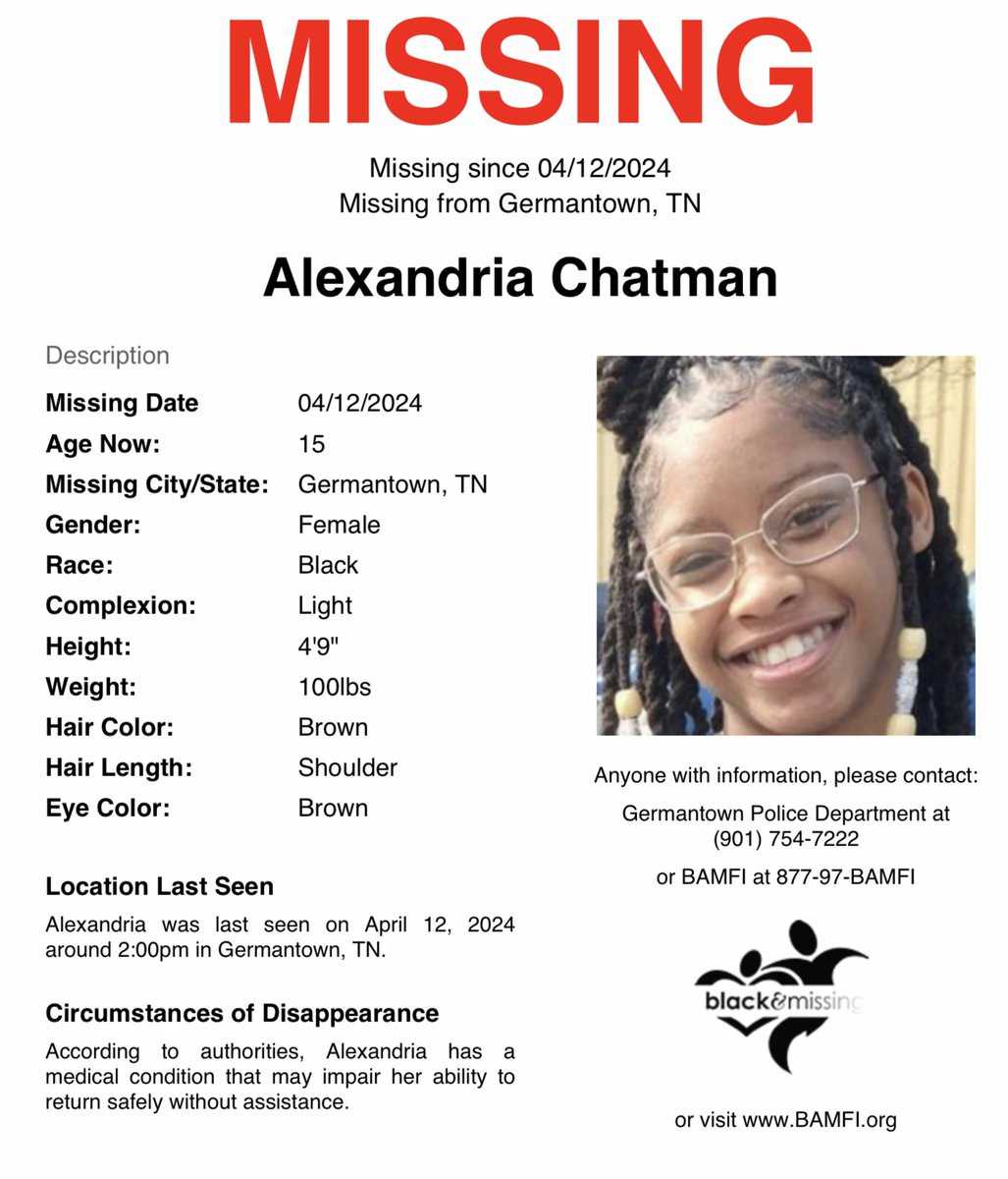 #Germantown, #Tennessee: 15y/o Alexandria Chatman was last seen on April 12 in Germantown. Have you seen Alexandria? #AlexandriaChatman