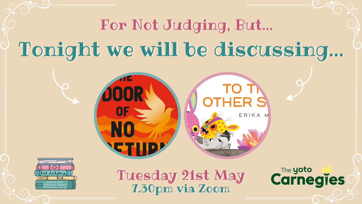 Not Judging But (@not_judging) on Twitter photo 📢FORMER CARNEGIES JUDGES ASSEMBLE!
It's Week SIX of #NotJudgingBut 2024 and we will be discussing the following shortlisted titles for the <a href="/CarnegieMedals/">The Carnegies</a>:
📚The Door of No Return by <a href="/kwamealexander/">Kwame Alexander</a>
📚To The Other Side by @ErikaDraws
See you online at 7.30pm, bookish chums! 📢FORMER CARNEGIES JUDGES ASSEMBLE!
It's Week SIX of #NotJudgingBut 2024 and we will be discussing the following shortlisted titles for the <a href="/CarnegieMedals/">The Carnegies</a>:
📚The Door of No Return by <a href="/kwamealexander/">Kwame Alexander</a>
📚To The Other Side by @ErikaDraws
See you online at 7.30pm, bookish chums!