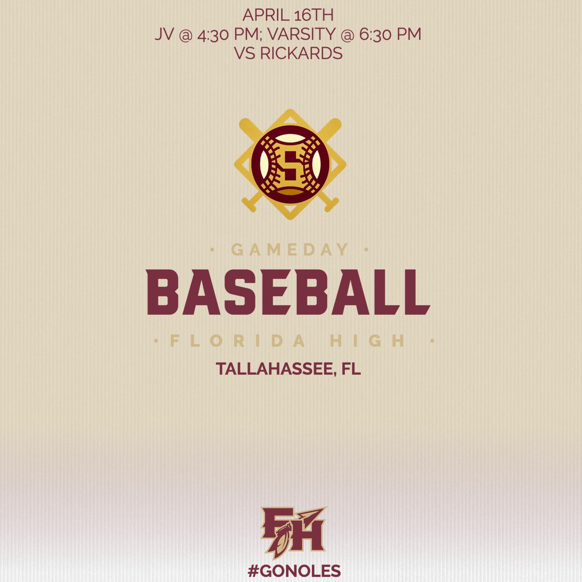 • Gameday • Florida High's JV & Varsity Baseballers take on Rickards tonight. Enjoy America's pastime and grab something tasty from the concessions. Time: JV @ 4:30 PM; Varsity @ 6:30 PM Location: Florida High Tickets: $6 Link: fsus.hometownticketing.com/embed/all