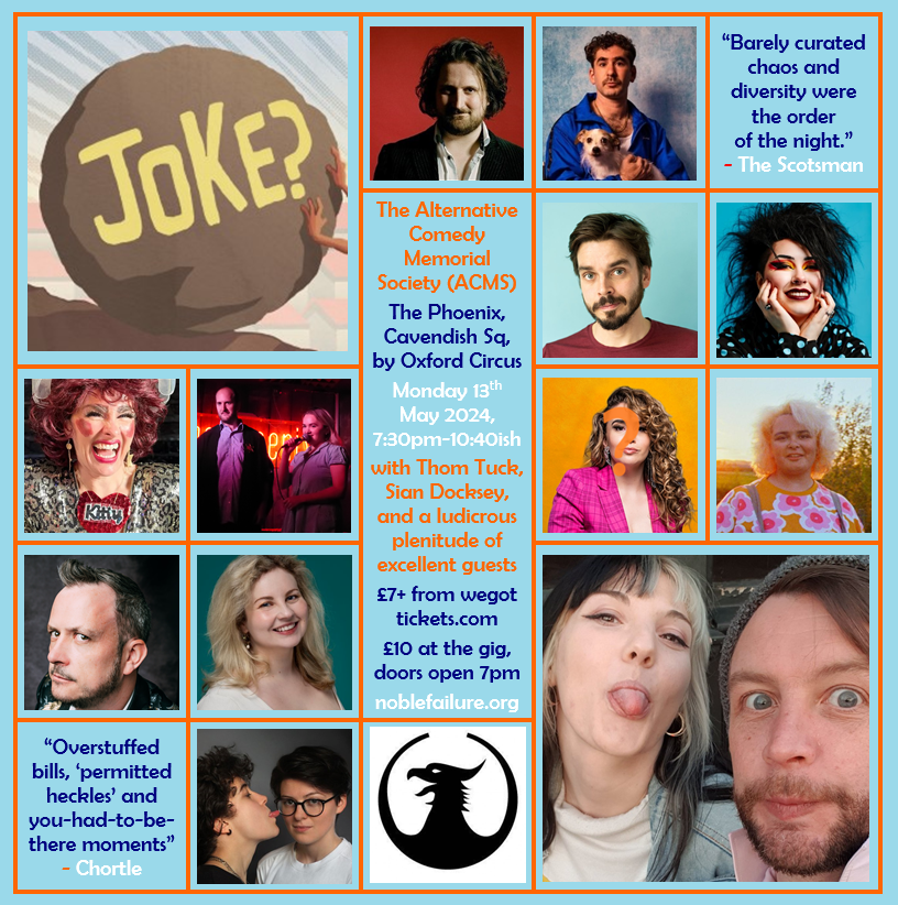 #ACMS
📅Monday 13th May, 7:30pm
🏰@ThePhoenix_W1
🎟️£7/£8/£9 from wegottickets.com/event/618159/
🥳hosted by @turlygodand @siandocksey, with @AlexyBennett, @JoshGlanc, @JozNorris, @michellebrasier (probably), @shelfcomedy, AND MORE 
🏳️‍🌈free guestlist for trans & NB folk, DM us your names