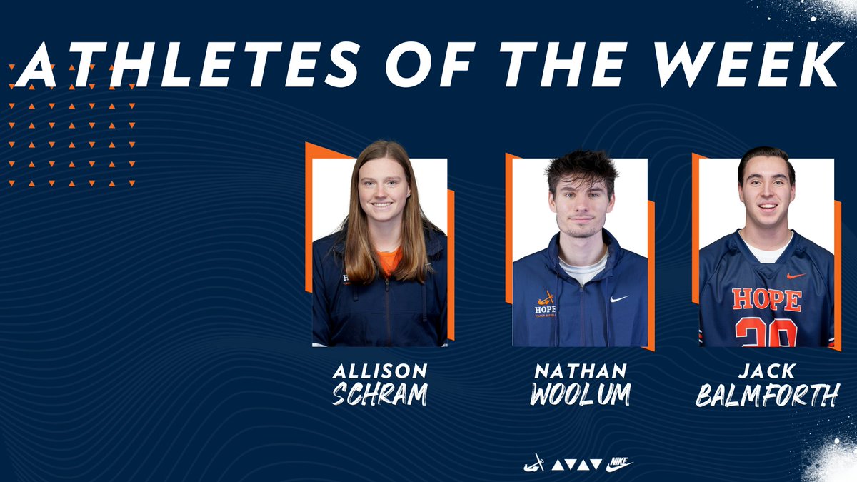 Three from Hope College have been named @MIAA1888 Athletes of the Week: Allison Schram, Women's Outdoor Field; Nathan Woolum, Men's Outdoor Track; Jack Balmforth, Men's Lacrosse. athletics.hope.edu/news/2024/4/16…