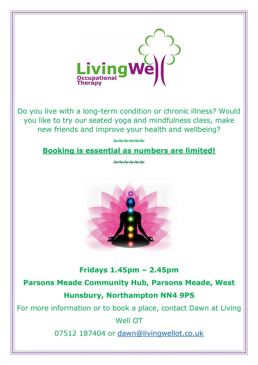 For those living with a long-term condition or chronic illness, a Seated Yoga & Mindfulness Group runs on Fridays. 📍Parsons Meade Community Hub ⏲️1:45pm - 2:45pm 💵Donations welcome Find out more and book your space contact Dawn 07512 187 404 @LivingwellOT