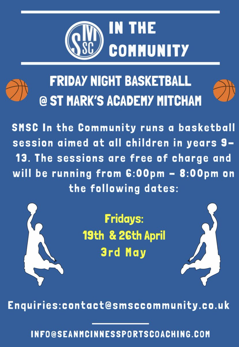 🏀 Basketball Opportunities 🏀 🫵🏼 If you are a fan of playing basketball, over the next few weeks we have some exciting opportunities coming up: • Merton LYG U16 Trials • SMSC In The Community @ St Mark’s Mitcham • SMSC In the Community @ Raynes Park High School 1/2