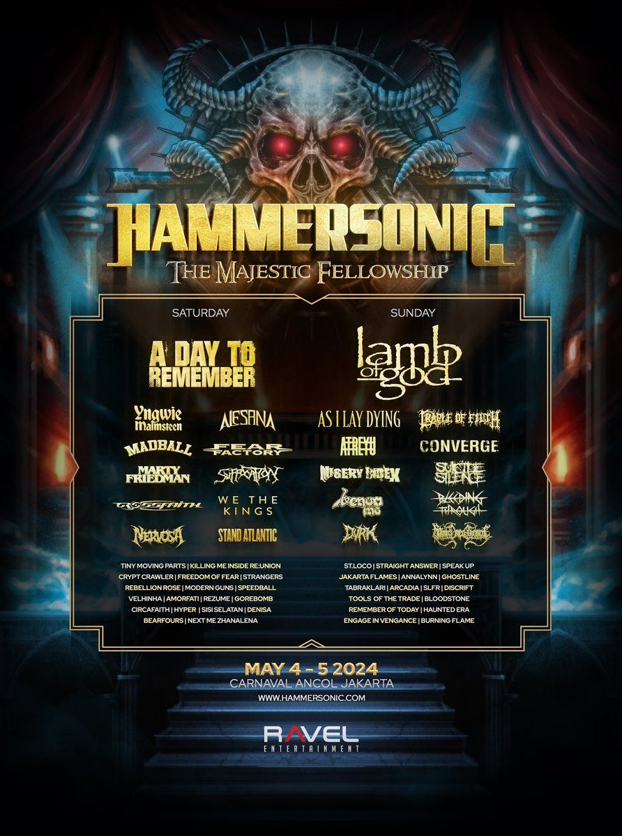 hammersonicfest's tweet photo. Here's the majestic full lineup for Hammersonic Festival by day! 🤘

Witness the most anticipated bands, discover new artists, and meet new friends! 

See you Hammerheads!

#Hammersonic
#RavelEntertainment
#Hammersonic2024 https://t.co/OWj1dGj71K