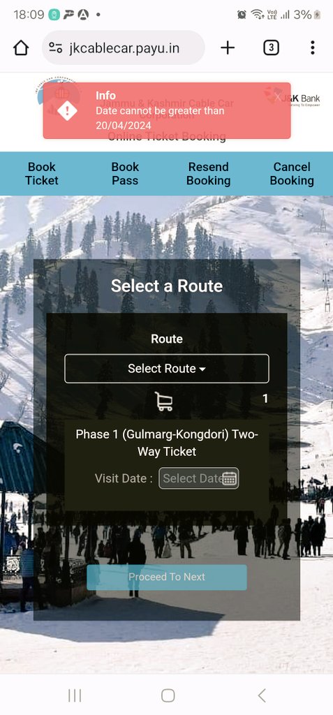 Batla_G's tweet photo. Noticed this today. The Gondola Ride is still not taking bookings post 20th April. Was supposed to start on 15/04

Have been trying since yesterday but can't book. Suddenly it will be shown as sold out 

Any idea @TourismJKGovt why it's not allowing tickets for next week still ? https://t.co/ayrT7DuqmJ