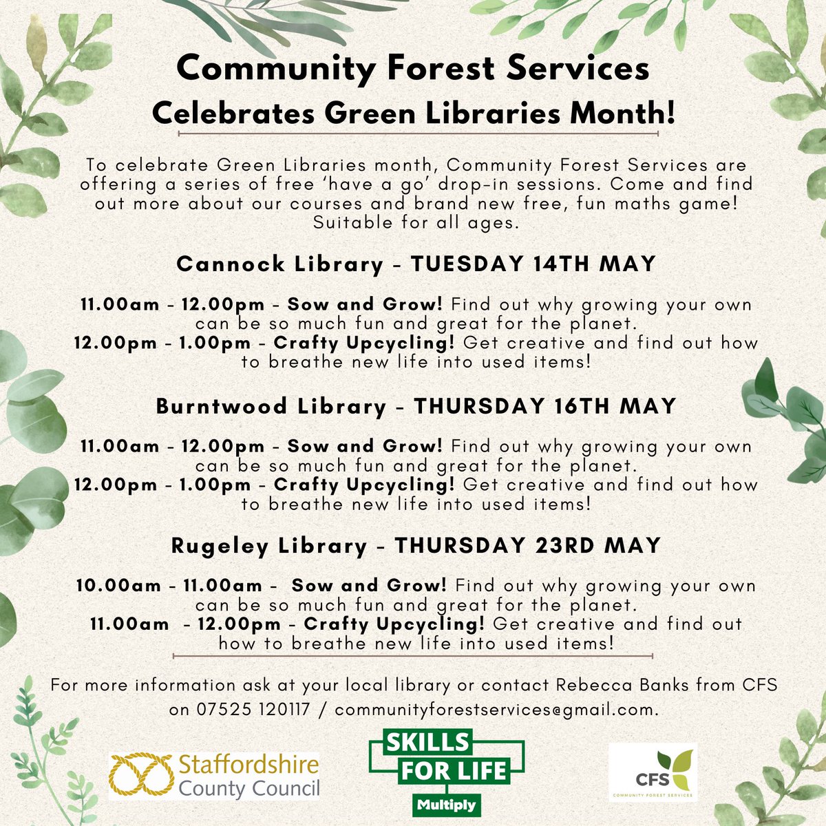 Get Green with Community Forest Services family friendly drop-ins at libraries in the Cannock Chase area in May! See the image for more details. #GreenLibraries #CannockLibrary #BurntwoodLibrary #RugeleyLibrary
@CityRugeley
@LichfieldCity
@CannockChaseDC
@StaffordshireCC