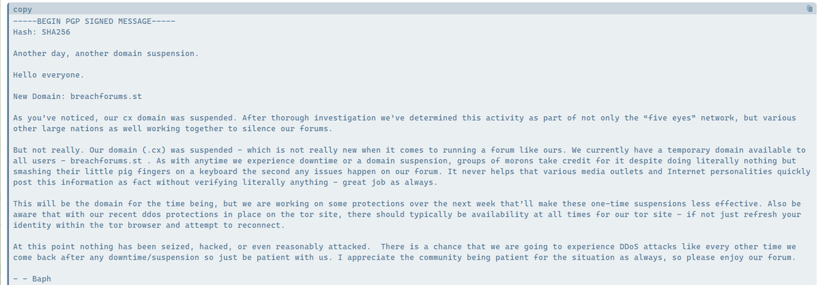 Update 📢

The new clearnet website for BreachForums is already active.

/breachforums[.]st

The administrator of the hacking forum Baphomet releases a statement:

'As you’ve noticed, our cx domain was suspended. After thorough investigation we’ve determined this activity as part