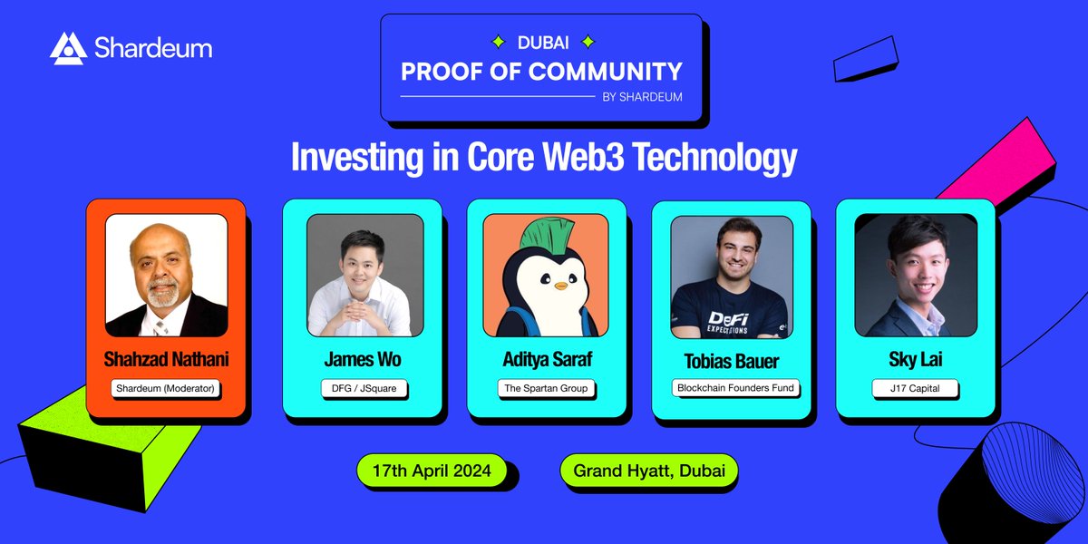 #ProofOfCommunity Dubai 🇦🇪 Learn all about 'Investing in Core Web3 Technology' in an engaging panel, moderated by @shahzadnathani, Head of Partnerships & Operations, with panelists: 🎙️ @realjameswo 🎙️ @unnamedfizz 🎙️ @TobiasBFF3 🎙️ @0xsky404 👉 17th April, 3:20 PM GST