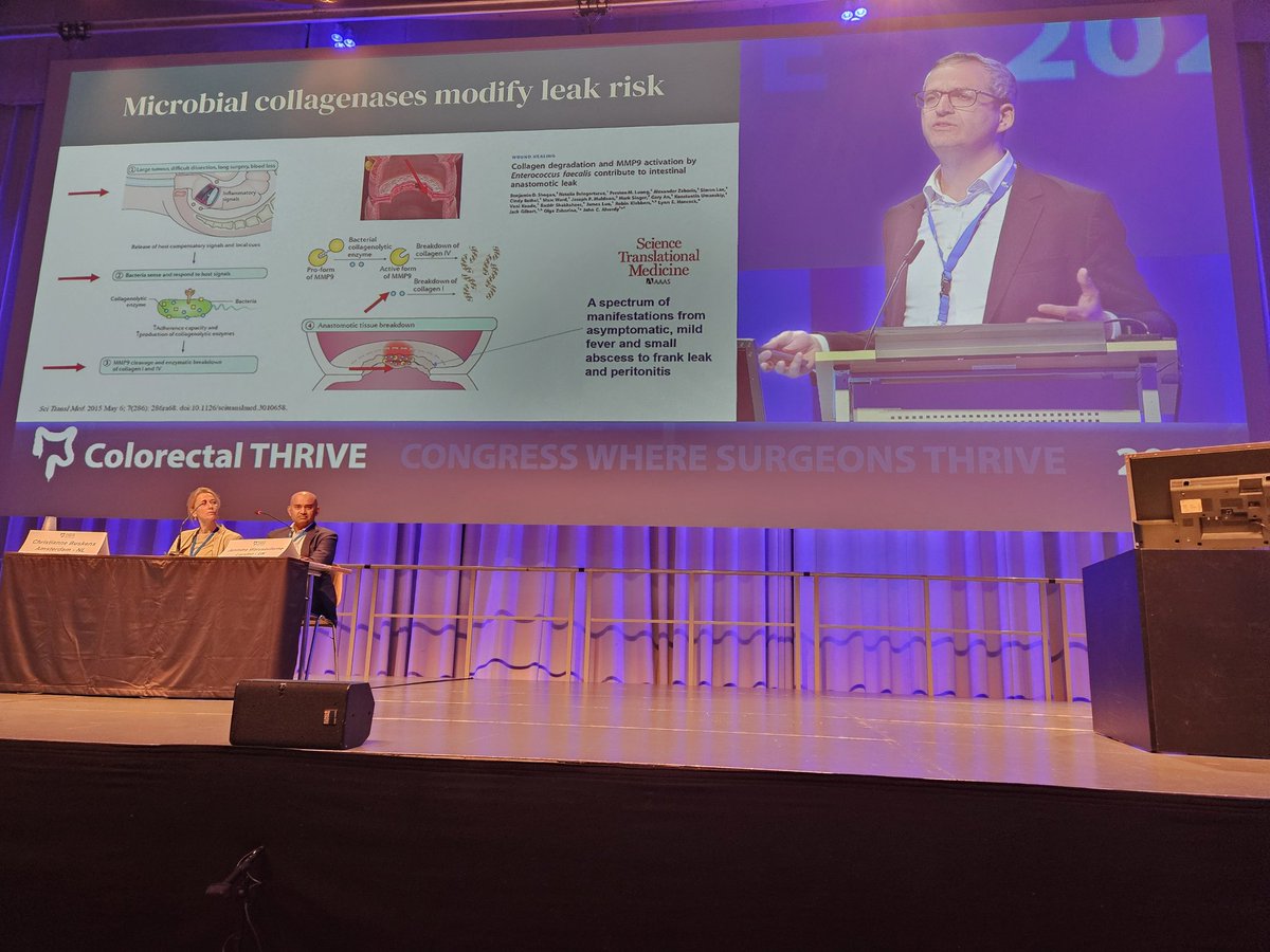colothrive's tweet photo. Another major highlight of #THRIVE24 by @bowelsurgeon.
We cannot pour antibiotics in people and expect to "sterilize" the gut to get rid of leaks - it does not work, while we are running out of effective antibiotics.
Anastomotic healing is about bowel homeostasis, not mass killing of bugs which we need to maintain proper body functions. Let's move from Germ theory/ bugs are bad to Microbiome theory/homeostasis. If you want to learn more, watch today session on microbiome #THRIVE24 #colorectalsurgery