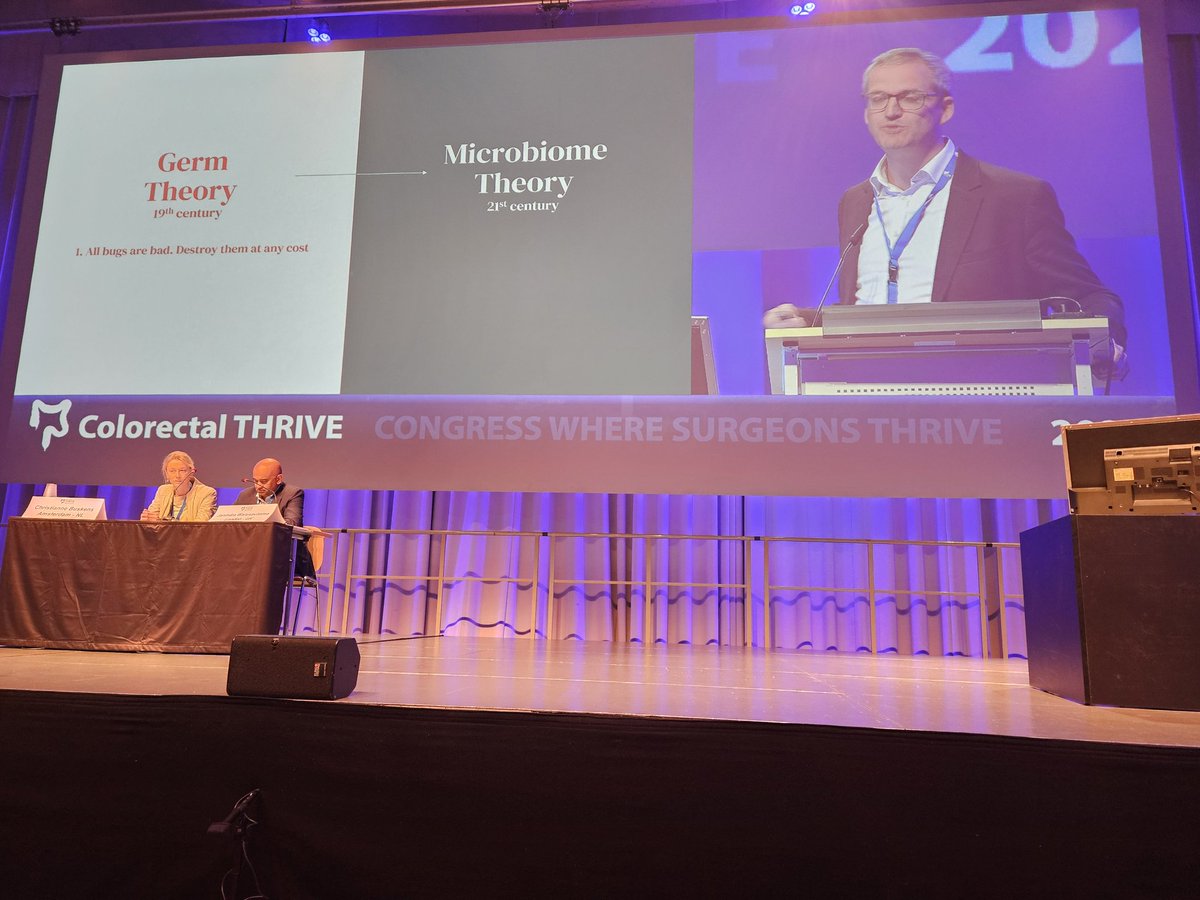 colothrive's tweet photo. Another major highlight of #THRIVE24 by @bowelsurgeon.
We cannot pour antibiotics in people and expect to "sterilize" the gut to get rid of leaks - it does not work, while we are running out of effective antibiotics.
Anastomotic healing is about bowel homeostasis, not mass killing of bugs which we need to maintain proper body functions. Let's move from Germ theory/ bugs are bad to Microbiome theory/homeostasis. If you want to learn more, watch today session on microbiome #THRIVE24 #colorectalsurgery
