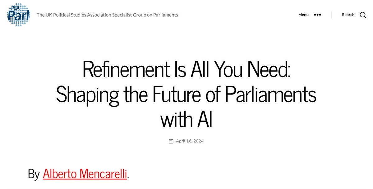 We are delighted to present a blog from @AlbertoMenc who is an official at the @Montecitorio and has written about AI and parliaments... Find his contribution here: psaparliaments.org/2024/04/16/ref…