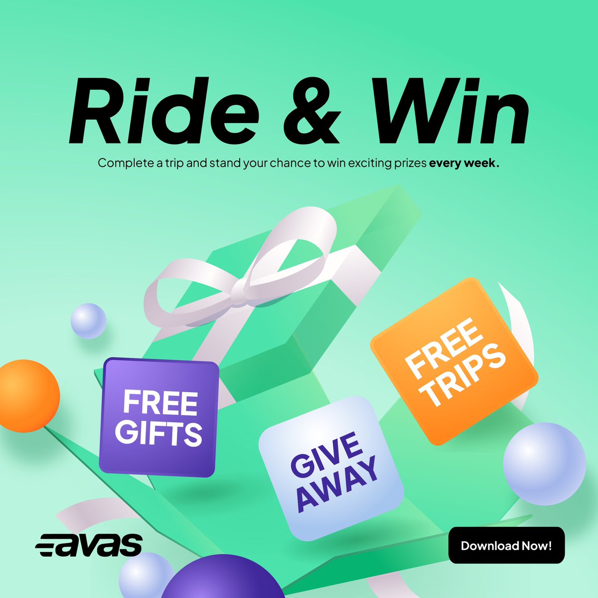 Ride & Win Weekly with the new Avas App!  Every trip you take is your chance to win FREE trips, gift vouchers, giveaways, and MORE! Drivers & Customers can join the fun!

Don't miss out - visit avas.app and start winning! #AvasApp #RideAndWin #WeeklyGiveaways