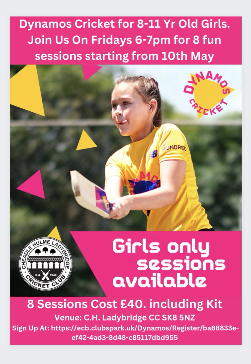 Any girls interested in learning to play cricket, come and join us on Friday evening for the fun dynamos cricket sessions for 8-11 year olds 

ecb.clubspark.uk/Dynamos/BookCo…