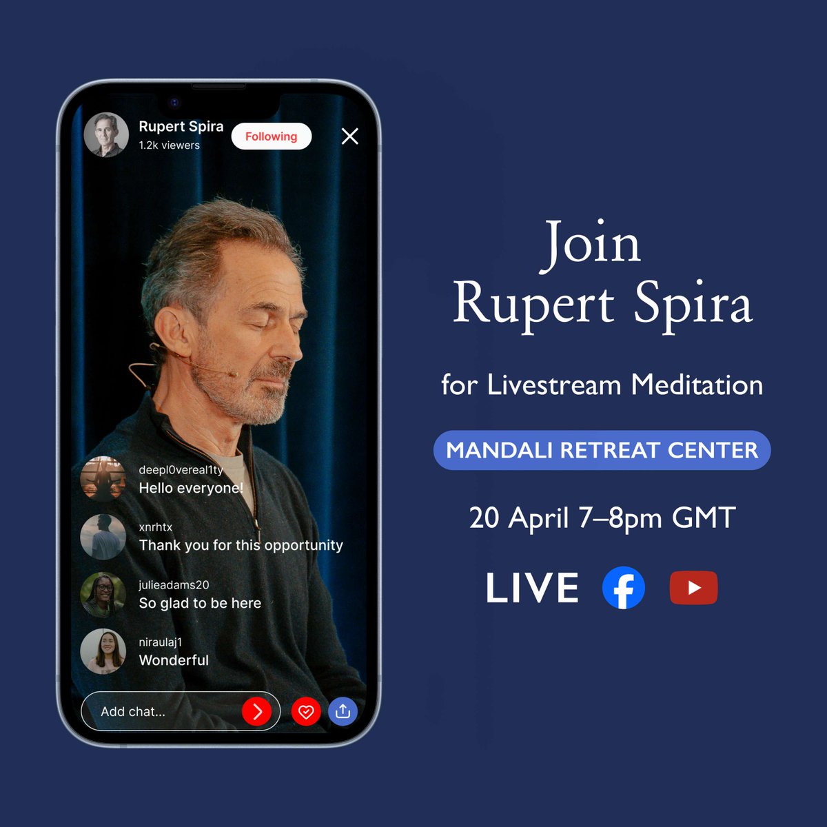 Join Rupert’s first guided meditation at Mandali retreat via livestream on 20 April. Simply visit his Facebook or YouTube pages at the specified time. Rupert and guests will be live from Mandali, ready to start the session. We’ll see you there.