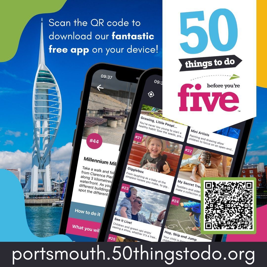 The 50 things to do before you're five has come to Portsmouth! The free app is full of ideas and activities for families with young children. From outdoor woodland discoveries, exploring how sound changes, to sharing stories. Download to get started buff.ly/49AyMa8
