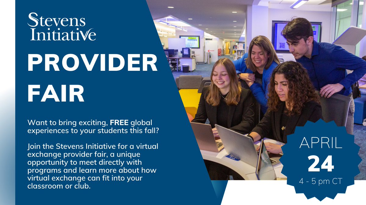 Join The @StevensInit on April 24th for a virtual exchange provider fair, a unique opportunity to meet directly with programs and learn more about how virtual exchange can fit into your classroom or club. Register here: aspeninstitute.zoom.us/meeting/regist…