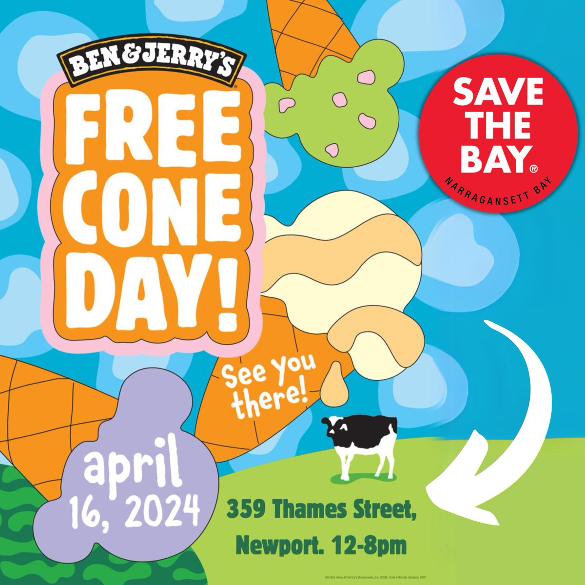 It's Free Cone Day at Ben & Jerry's! Stop in to the Newport store for a free cone! Plus, if you purchase a $1 waffle cone, that dollar will be donated to Save The Bay! #savethebayri #narragansettbay #newportri #benandjerry #freeicecream #freeconeday