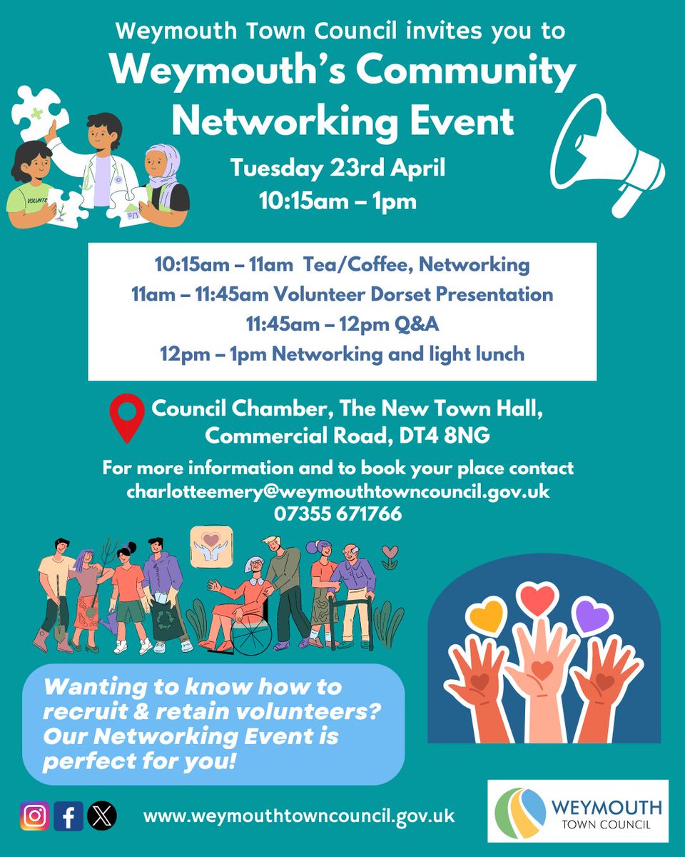 A week today is our next Community Networking Event which is about how to recruit and retain volunteers for your organisation🗣️ 🤩 Please email charlotteemery@weymouthtowncouncil.gov.uk to book your space.