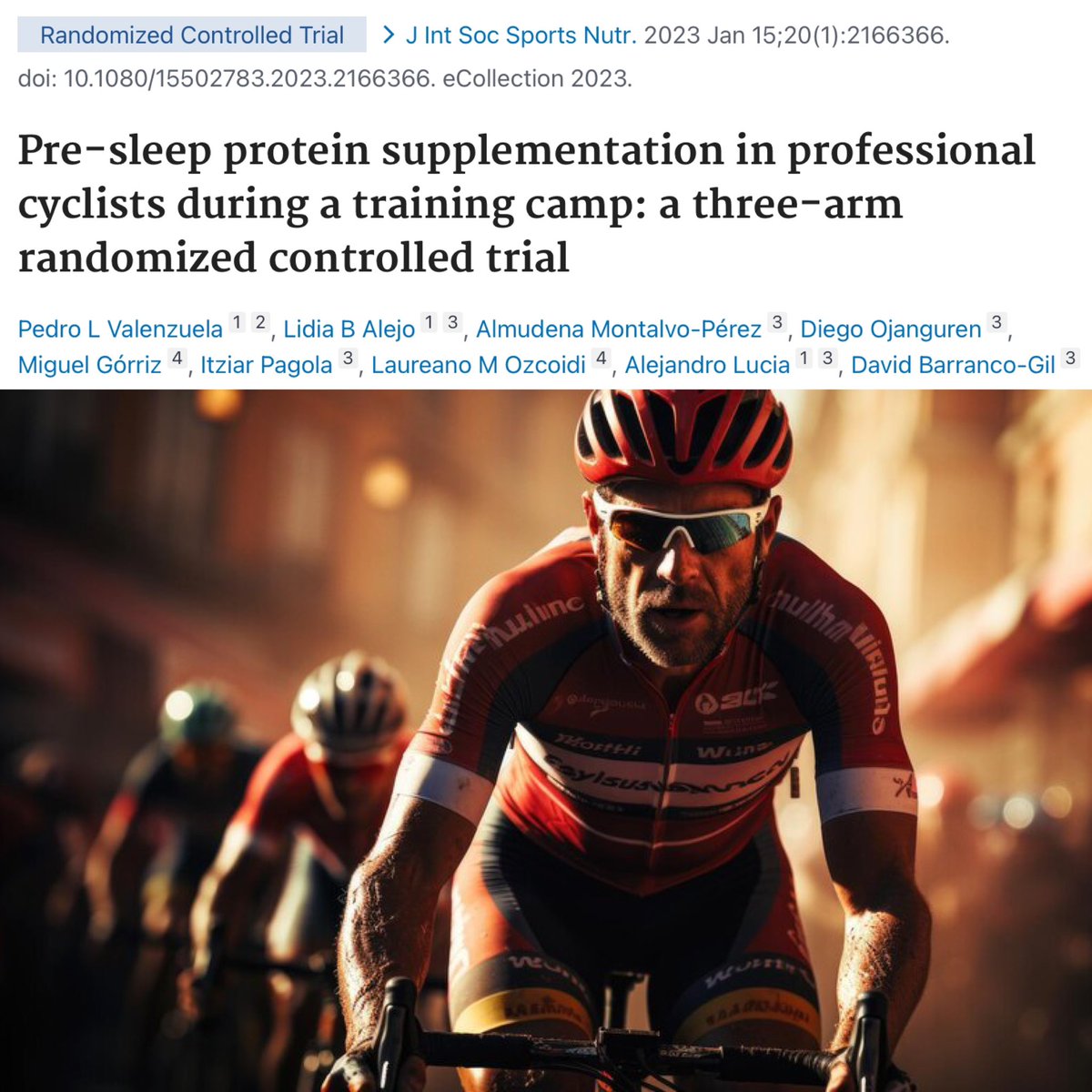 tecoughlin's tweet photo. Pre-sleep protein is NOT beneficial for professional cyclists ❌

This recent study investigated the effects of…

1️⃣ 40g casein pre-bed
2️⃣ 40g casein in the afternoon
3️⃣ 40g carbohydrate placebo pre-bed

…in 24 pro cyclists during a 6-day training camp 🚴‍♂️

The training camp resulted in a significant ⬆️ increase in training loads which induced significant ⬆️ in fatigue and ⬇️ in performance 

Although the protein conditions significantly ⬆️ total daily protein intake vs placebo (3.3 - 3.6 vs 2.6 g/kg)…

There were no differences between the groups for any markers of performance, recovery or fatigue 👈

This is likely due to all cyclists already consuming a high-protein intake 🍖