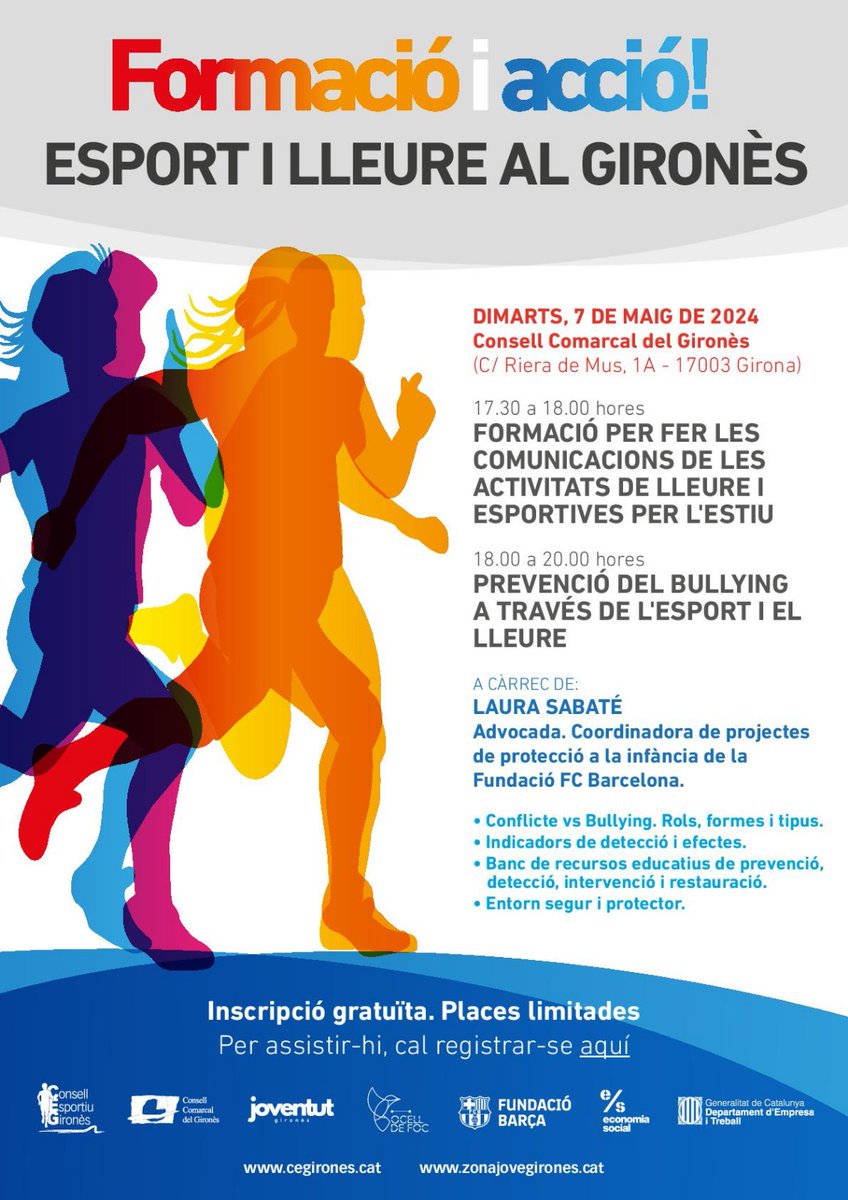 🚀 #FormacióIAcció 🗓 7 de maig 🕔 17.30 a 18h | Formació per fer les comunicacions de les activitats de #lleure per l'estiu 🕔 18 a 20h | Prevenció del #bullying a través de l'#esport i el lleure 📍@ccgirones 💸 Gratuït però cal registrar-se a bit.ly/41uHyUp #Gironès