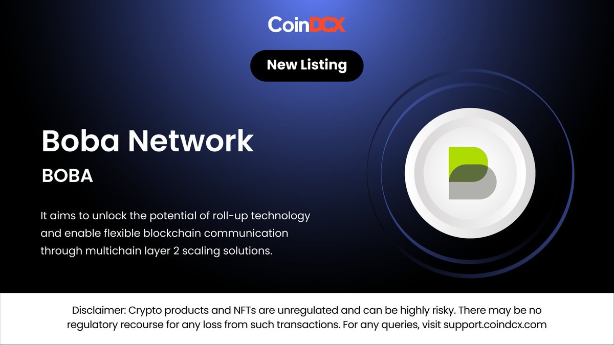 Give your portfolio the taste of $BOBA, the native token of @bobanetwork,  now listed on CoinDCX🚀 #CoinDCXListing #BobaNetwork #BOBA