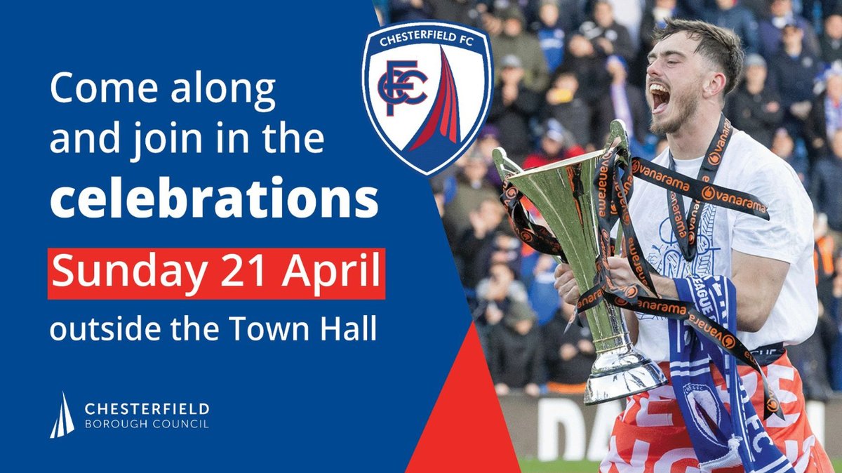 🥳 | Chesterfield FC return to the English Football League! Celebrate with us for an official celebration event to mark the club’s return to the English Football League on Sunday 21 April! More info: chesterfield.gov.uk/home/latest-ne…