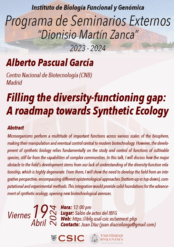 #IBFG_External_Seminar | Join us on April 19th for a seminar entitled 'Filling the diversity-functioning gap: A roadmap towards Synthetic Ecology' by Alberto Pascual García, a researcher from @CNB_CSIC. 🕧12.00 pm 📍IBFG conference room More info👇