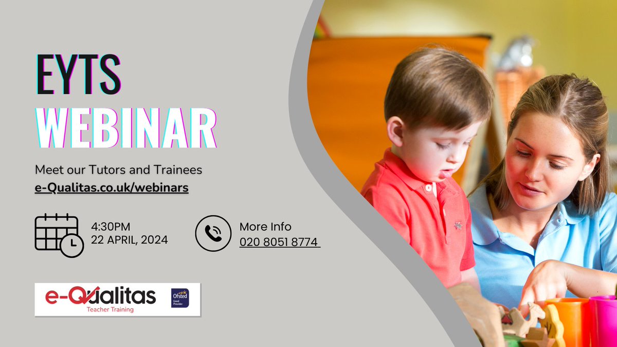 #Webinar Meet our EYTS Tutors and Trainees. Join the conversation, online on Monday April 22nd from 4:30pm
Register here: loom.ly/HokYtuE

#EYTS #EarlyYearsTeachers #EarlyYears #EarlyYearsEducation #EYITT