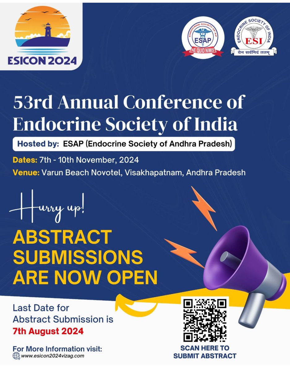 The Biggest Academic Extravaganza of Indian Endocrinology is shaping up… Welcome to #ESICON2024 @ #Vizag Abstract Submissions OPEN now esicon2024vizag.com We welcome the Scientific Research and original work Hurry up . . 📩 Attractive Prizes await you ..🔀 @mvramamohan