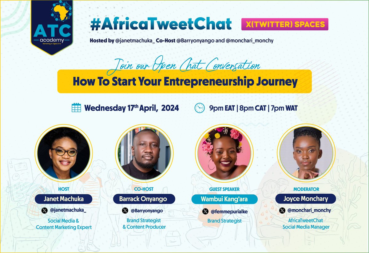 Has entrepreneurship ever crossed your mind?
This week on #AfricaTweetChat, we'll be discussing how to start your Entrepreneurship journey.

Our guest speaker: @femmepurialke

Set a reminder here twitter.com/i/spaces/1lPKq…