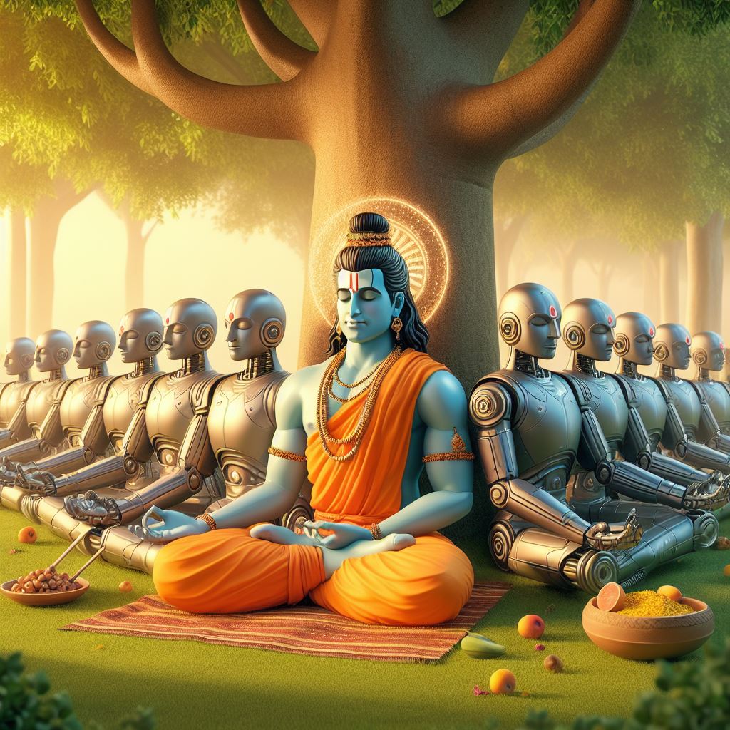 ARsiddipetme's tweet image. &quot;In the tranquility of meditation, even robots find solace.&quot;@siddipetme #MeditationMaster #RoboticsInspiration #SpiritualLeadership #DivineGuidance #TechnologyAndSpirituality #LordRam #MeditationJourney
