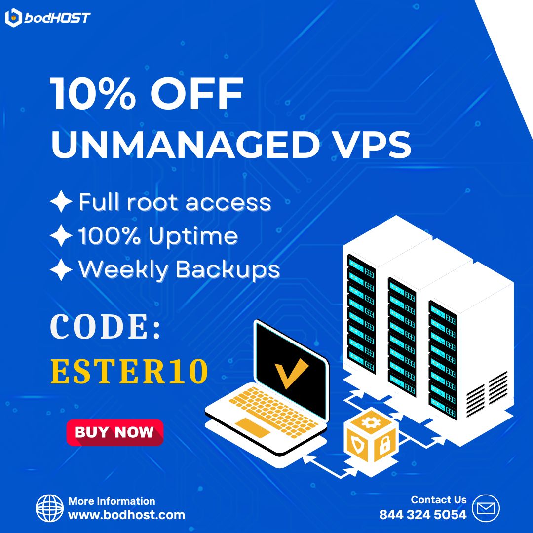 Don't miss out on our special SALE! Get 10% OFF on all #Unmanaged_VPS Plans at bodHOST with promo code ESTER10. Upgrade your hosting today for top-notch performance and savings! 💻 

Buy Now: buff.ly/3HFLwki

#VPSHosting #SpecialOffer #bodHOST