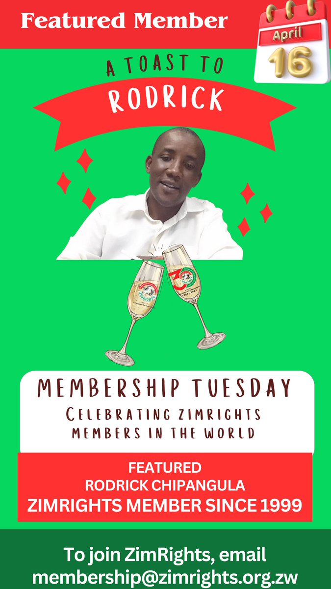 #MembershipTuesday: Join us in celebrating Rodrick Chipangula from Chimanimani, a steadfast ZimRights member since 1999! 🎉 Welcome to Membership Tuesday, where we honor the pillars of active citizenship. As we forge the nation's largest human rights movement, our focus has…