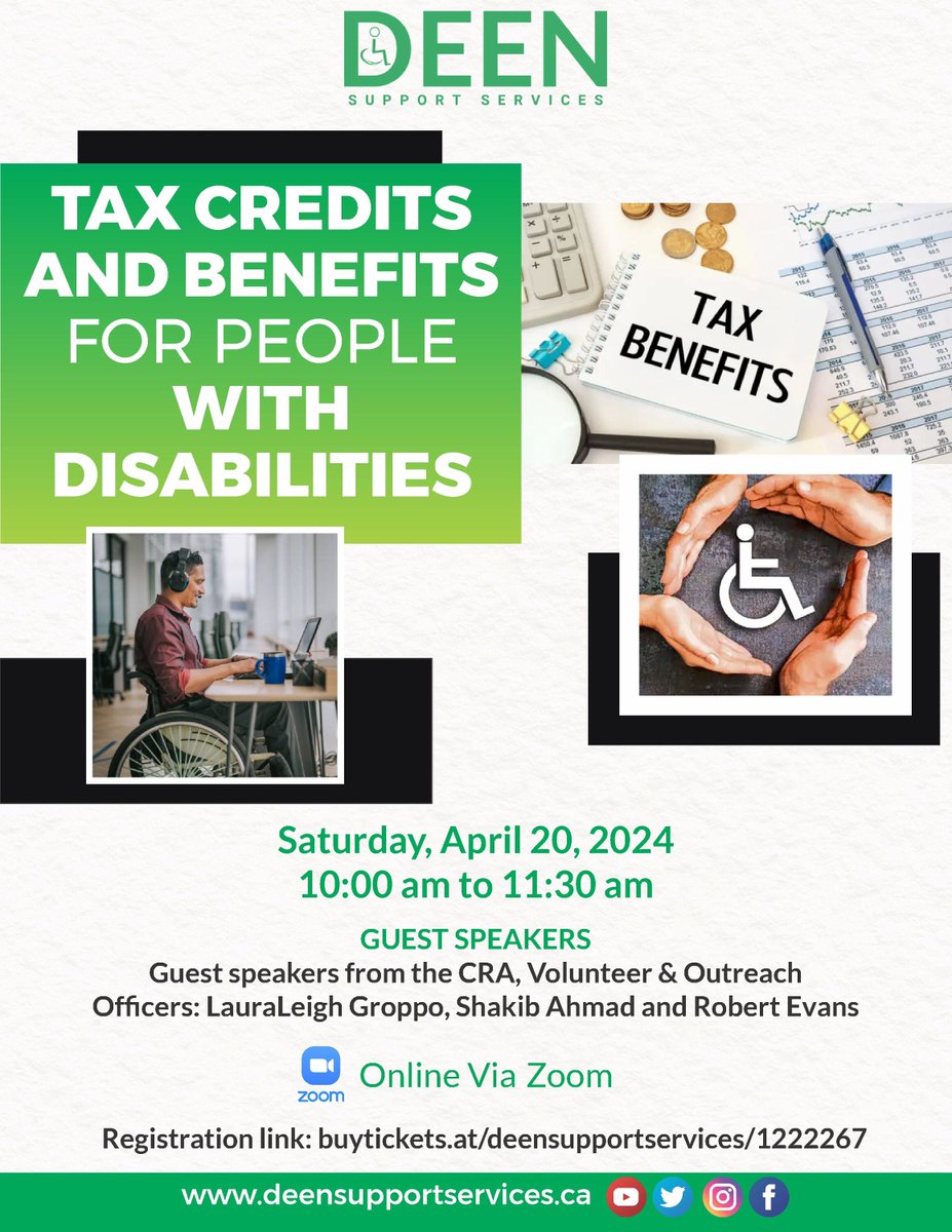 Tax Credits & Benefits for Disabilities 📅 Date: April 20 | 10 AM - 11:30 AM Join our guest speakers LauraLeigh Groppo, Shakib Ahmad, and Robert Evans for a session on navigating tax benefits for people with disabilities. Register here: buytickets.at/deensupportser…